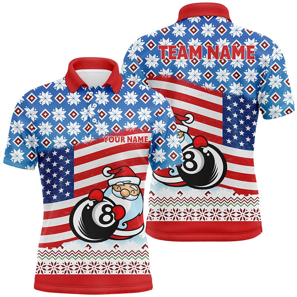 Billiard Polo Shirts, Personalized US Flag 8 Ball Pool With Santa Christmas Billiard Polo Shirts, Billiard Shirts, Billiards Team Shirts