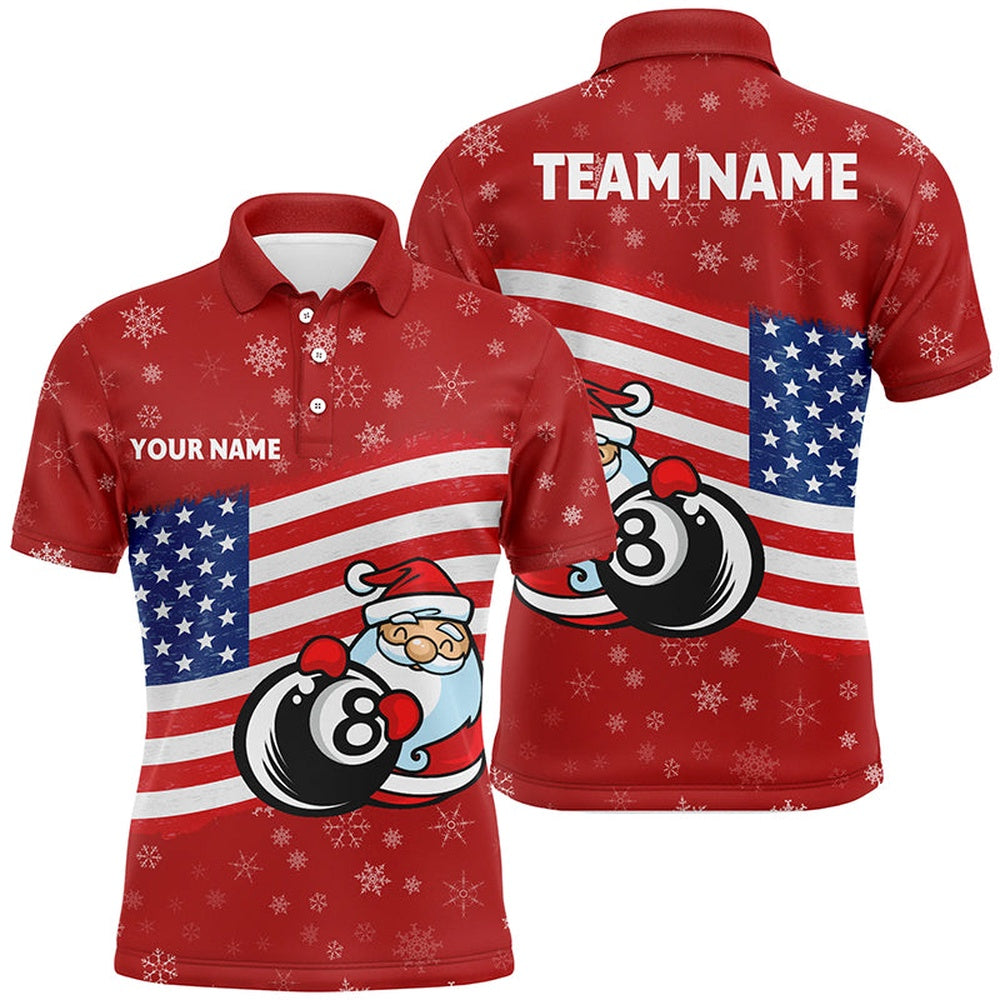 Billiard Polo Shirts, Personalized US Flag 8 Ball Pool With Santa Christmas Billiard Polo Shirts, Billiards Team Shirts