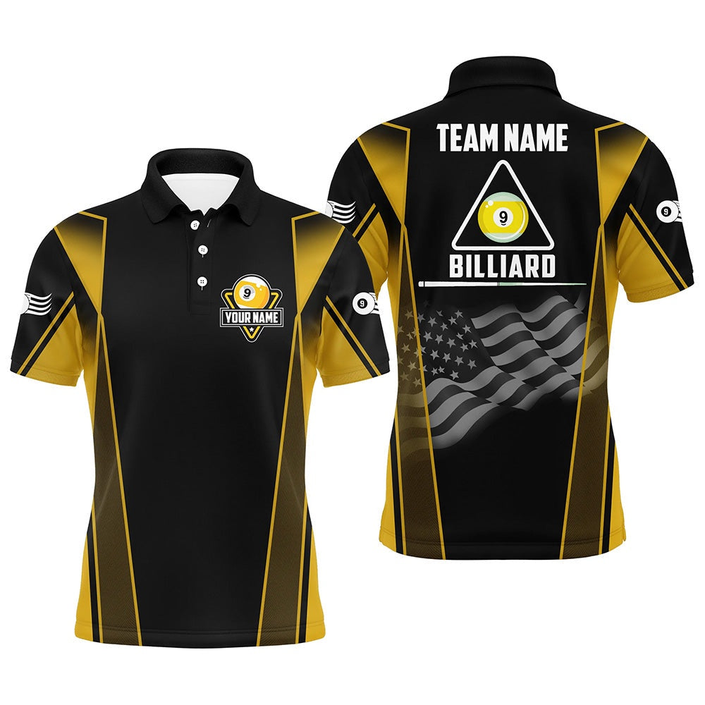Billiard Polo Shirts, Personalized US Flag 9 Ball Pool 3D Polo Shirts, Style Black Yellow Billiard 9 Ball Jerseys, Billiards Team Shirts