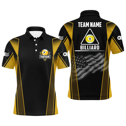 Billiard Polo Shirts, Personalized US Flag 9 Ball Pool 3D Polo Shirts, Style Black Yellow Billiard 9 Ball Jerseys, Billiards Team Shirts