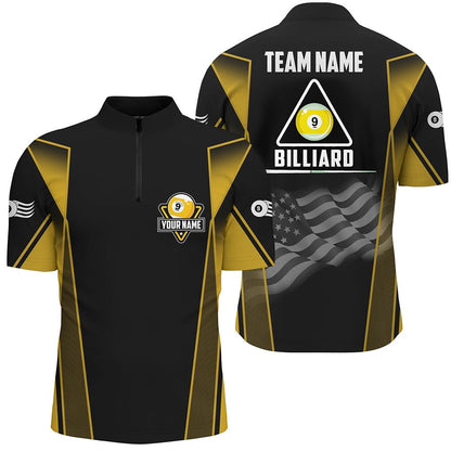 Billiard Polo Shirts, Personalized US Flag 9 Ball Pool 3D Polo Shirts, Style Black Yellow Billiard 9 Ball Jerseys, Billiards Team Shirts