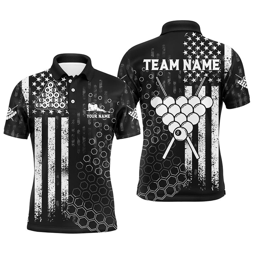 Billiard Polo Shirts, Personalized US Flag BW Pattern Billiard Black White Polo Shirts, Custom Billiards Jerseys, Billiards Team Shirts