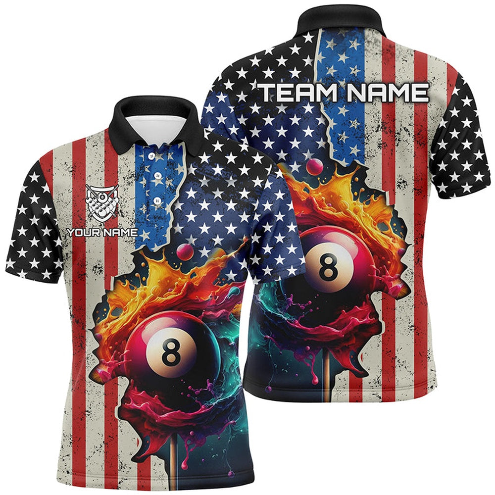 Billiard Polo Shirts, Personalized US Flag Billiard 3D Polo Shirts, Colorful Paint Splash 8 Ball Billiard Jerseys, Billiards Team Shirts