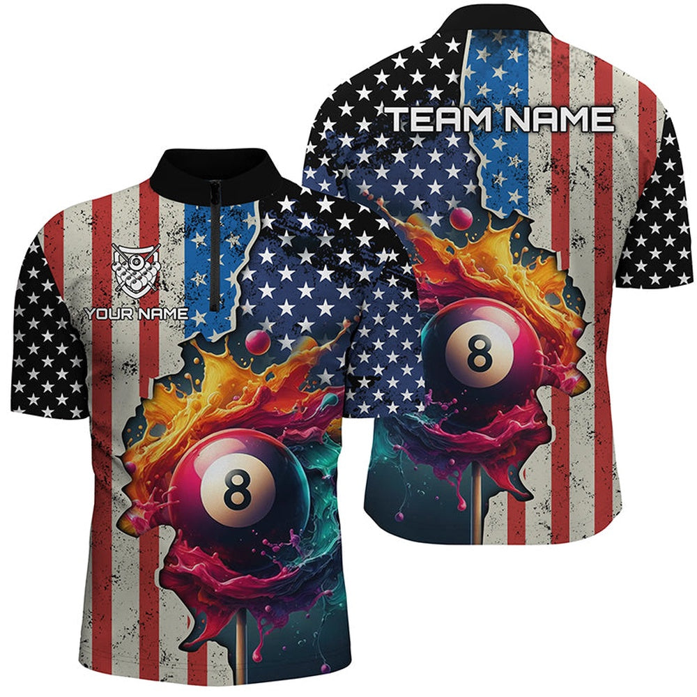 Billiard Polo Shirts, Personalized US Flag Billiard 3D Polo Shirts, Colorful Paint Splash 8 Ball Billiard Jerseys, Billiards Team Shirts
