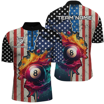 Billiard Polo Shirts, Personalized US Flag Billiard 3D Polo Shirts, Colorful Paint Splash 8 Ball Billiard Jerseys, Billiards Team Shirts