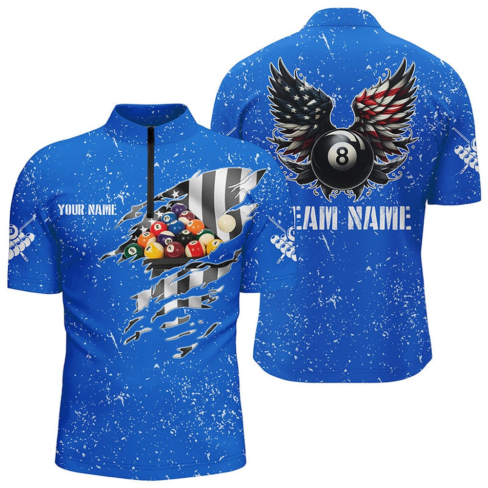 Billiard Polo Shirts, Personalized US Flag Billiard Balls 3D Polo Shirts, Blue 8 Ball Pool Wings Jerseys, Billiards Team Shirts