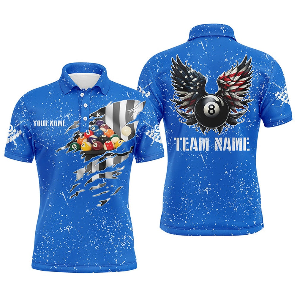 Billiard Polo Shirts, Personalized US Flag Billiard Balls 3D Polo Shirts, Blue Billiard 8 Ball Wings Jerseys, Billiards Team Shirts