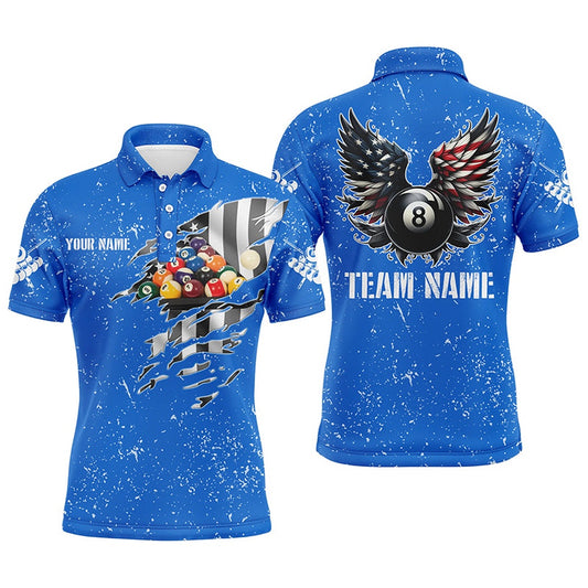 Billiard Polo Shirts, Personalized US Flag Billiard Balls 3D Polo Shirts, Blue Billiard 8 Ball Wings Jerseys, Billiards Team Shirts