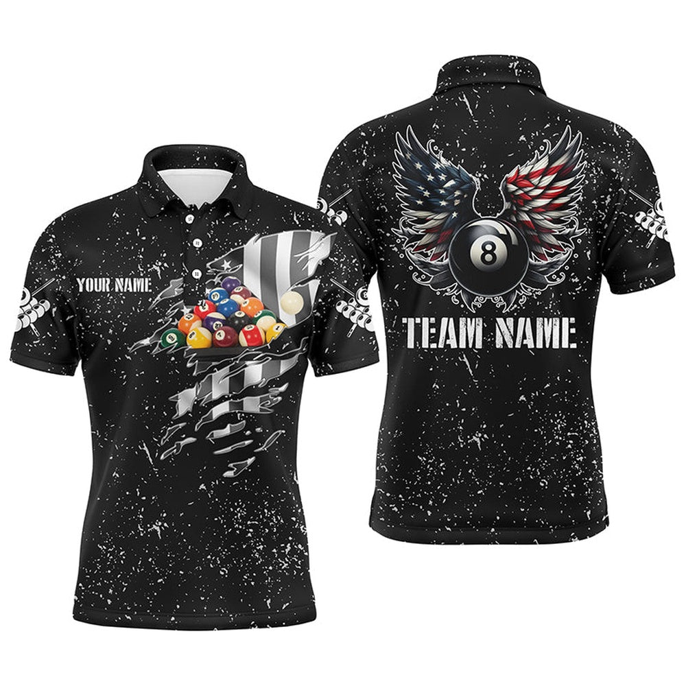 Billiard Polo Shirts, Personalized US Flag Billiard Balls 3D Polo Shirts, Funny Billiard 8 Ball Wings Jerseys, Billiards Team Shirts