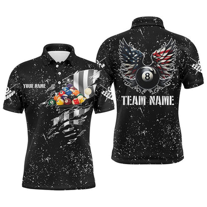 Billiard Polo Shirts, Personalized US Flag Billiard Balls 3D Polo Shirts, Funny Billiard 8 Ball Wings Jerseys, Billiards Team Shirts