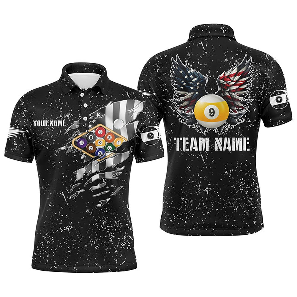 Billiard Polo Shirts, Personalized US Flag Billiard Balls 3D Polo Shirts, Funny Billiard 9 Ball Wings Jerseys, Billiards Team Shirts
