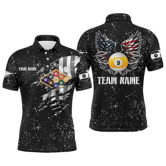 Billiard Polo Shirts, Personalized US Flag Billiard Balls 3D Polo Shirts, Funny Billiard 9 Ball Wings Jerseys, Billiards Team Shirts