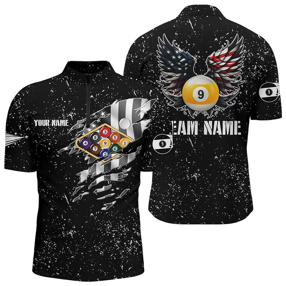 Billiard Polo Shirts, Personalized US Flag Billiard Balls 3D Polo Shirts, Funny Billiard 9 Ball Wings Jerseys, Billiards Team Shirts