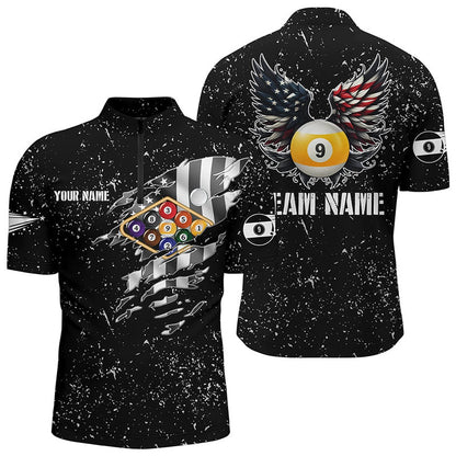 Billiard Polo Shirts, Personalized US Flag Billiard Balls 3D Polo Shirts, Funny Billiard 9 Ball Wings Jerseys, Billiards Team Shirts