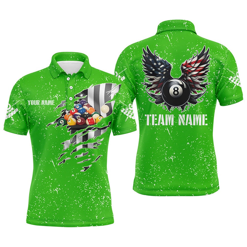 Billiard Polo Shirts, Personalized US Flag Billiard Balls 3D Polo Shirts, Green Billiard 8 Ball Wings Jerseys, Billiards Team Shirts