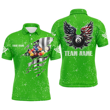 Billiard Polo Shirts, Personalized US Flag Billiard Balls 3D Polo Shirts, Green Billiard 8 Ball Wings Jerseys, Billiards Team Shirts