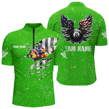 Billiard Polo Shirts, Personalized US Flag Billiard Balls 3D Polo Shirts, Green Billiard 8 Ball Wings Jerseys, Billiards Team Shirts