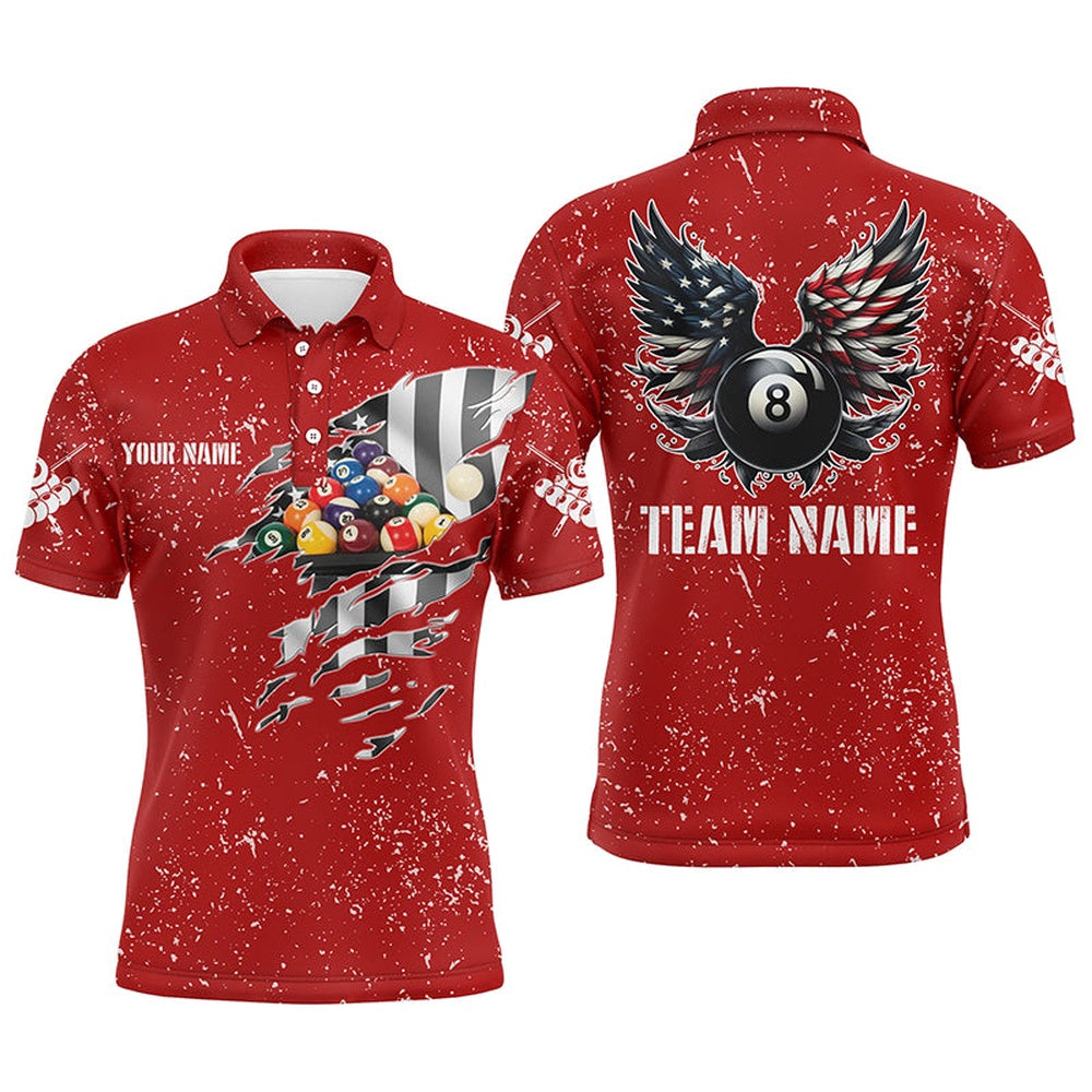Billiard Polo Shirts, Personalized US Flag Billiard Balls 3D Polo Shirts, Red Billiard 8 Ball Wings Jerseys, Billiards Team Shirts