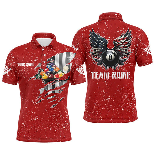 Billiard Polo Shirts, Personalized US Flag Billiard Balls 3D Polo Shirts, Red Billiard 8 Ball Wings Jerseys, Billiards Team Shirts