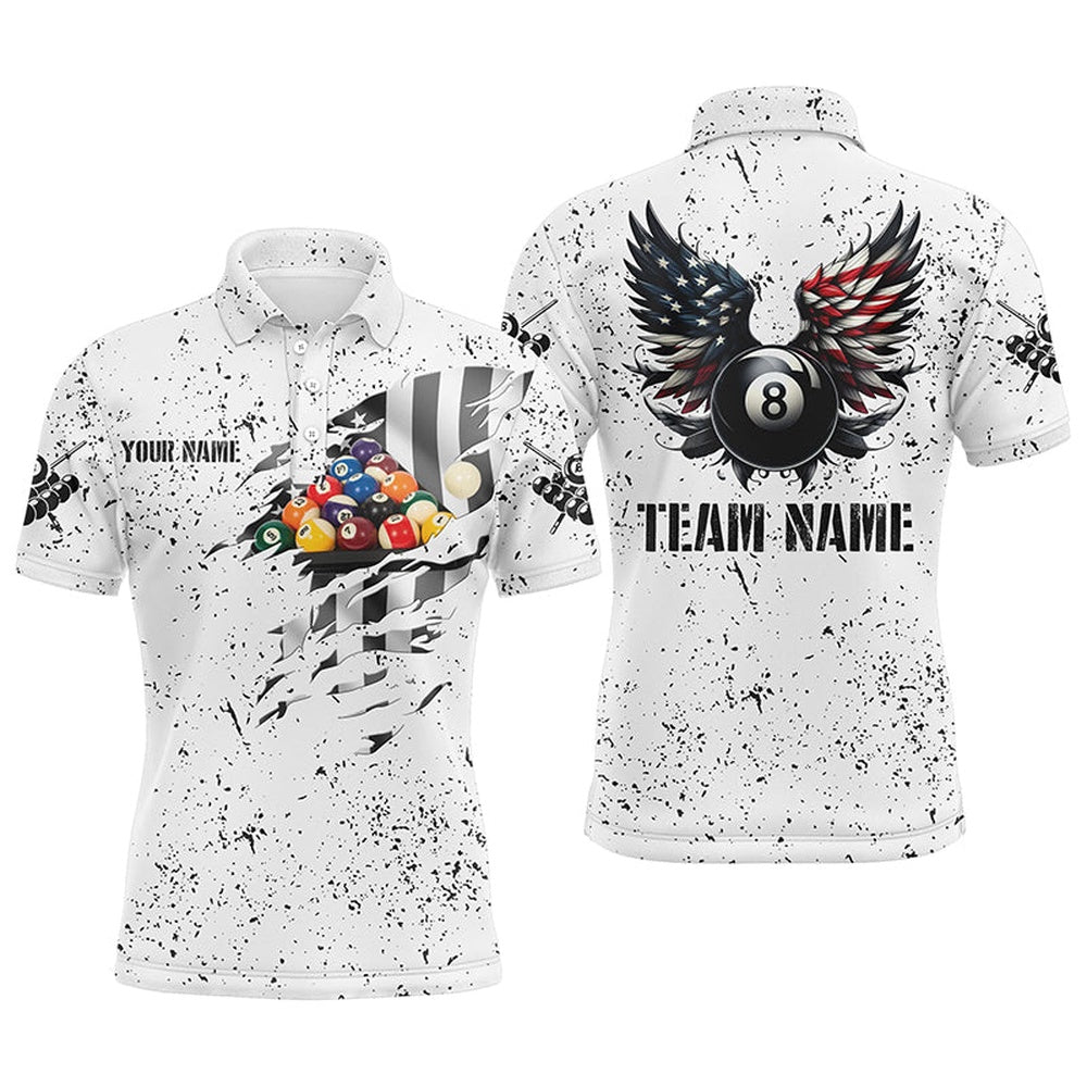 Billiard Polo Shirts, Personalized US Flag Billiard Balls 3D Polo Shirts, White Billiard 8 Ball Wings Jerseys, Billiards Team Shirts