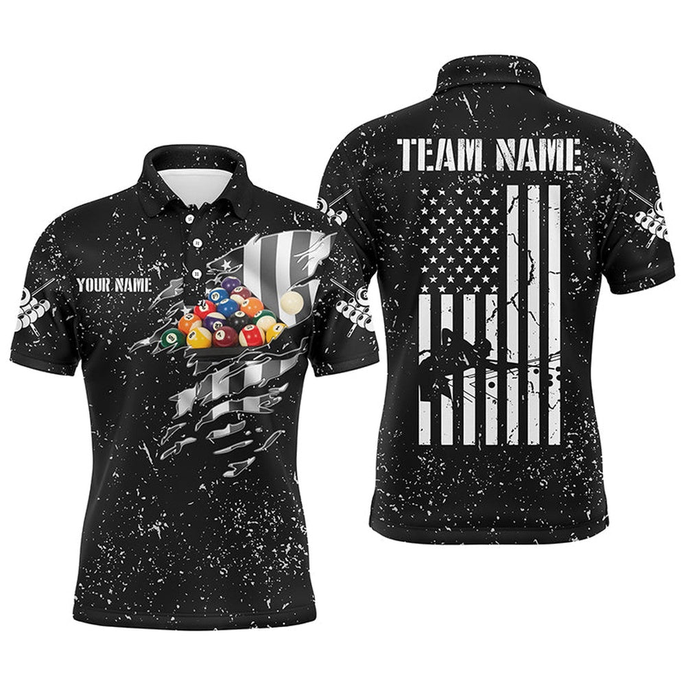 Billiard Polo Shirts, Personalized US Flag Billiard Balls Black Grunge 3D Polo Shirts, Custom Billiards Jerseys, Billiards Team Shirts