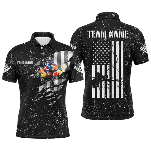 Billiard Polo Shirts, Personalized US Flag Billiard Balls Black Grunge 3D Polo Shirts, Custom Billiards Jerseys, Billiards Team Shirts