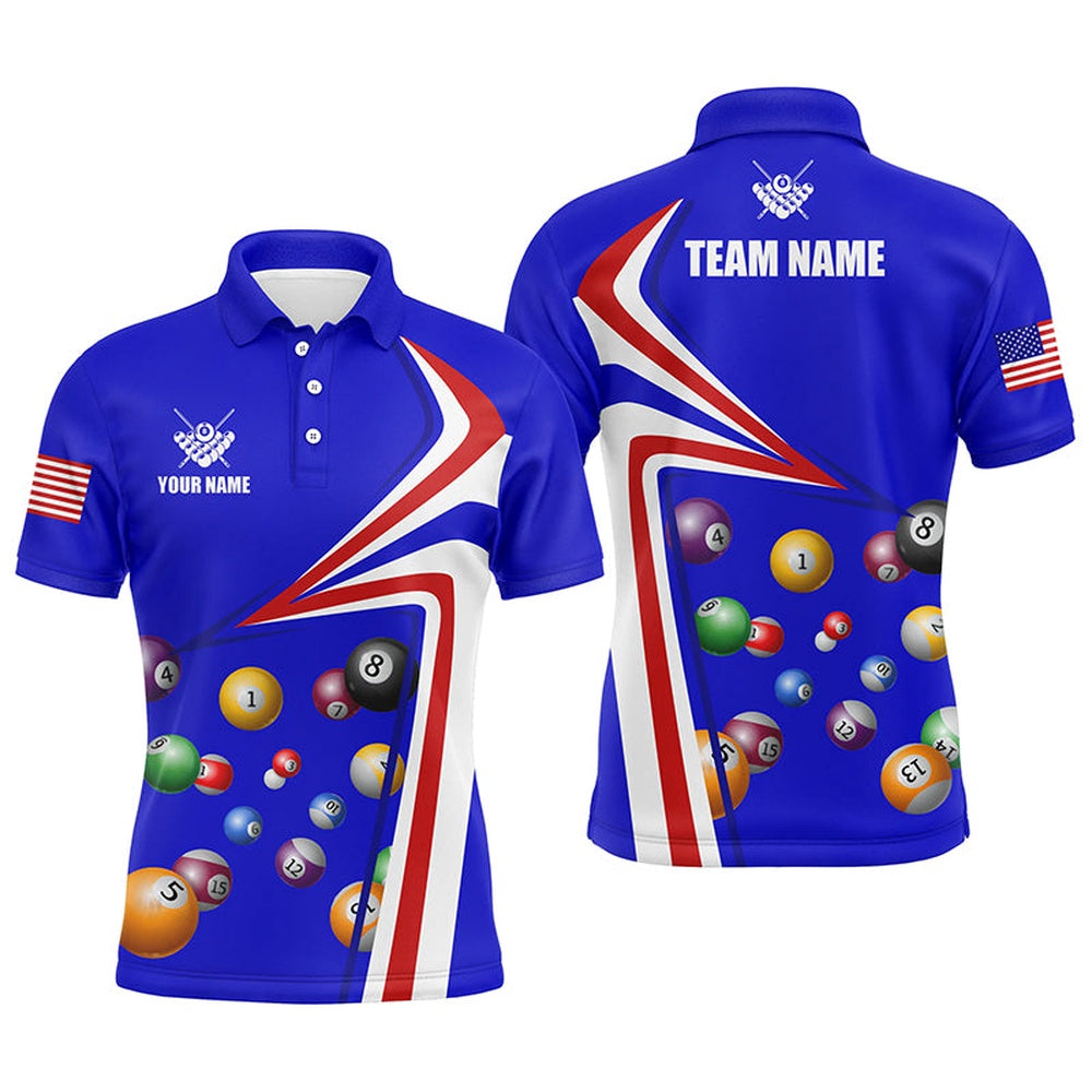 Billiard Polo Shirts, Personalized US Flag Billiard Balls Blue 3D Polo Shirts, Custom 8 Ball Pool Jerseys, Billiards Team Shirts