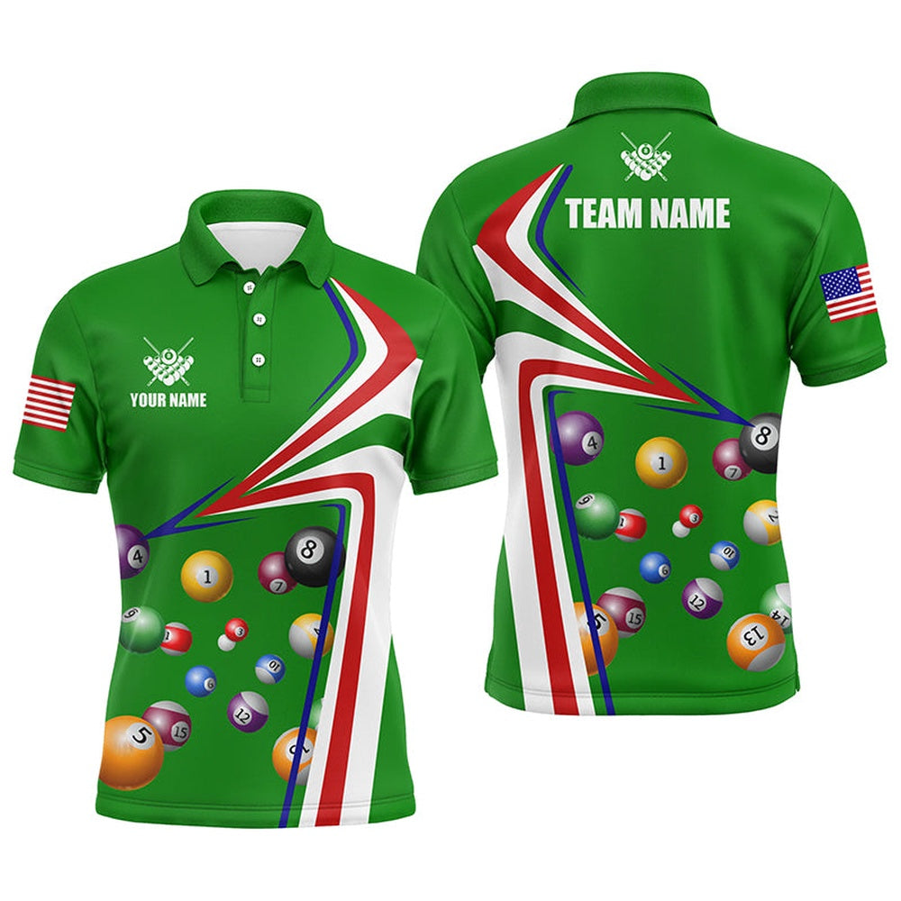 Billiard Polo Shirts, Personalized US Flag Billiard Balls Green 3D Polo Shirts, Custom 8 Ball Pool Jerseys, Billiards Team Shirts