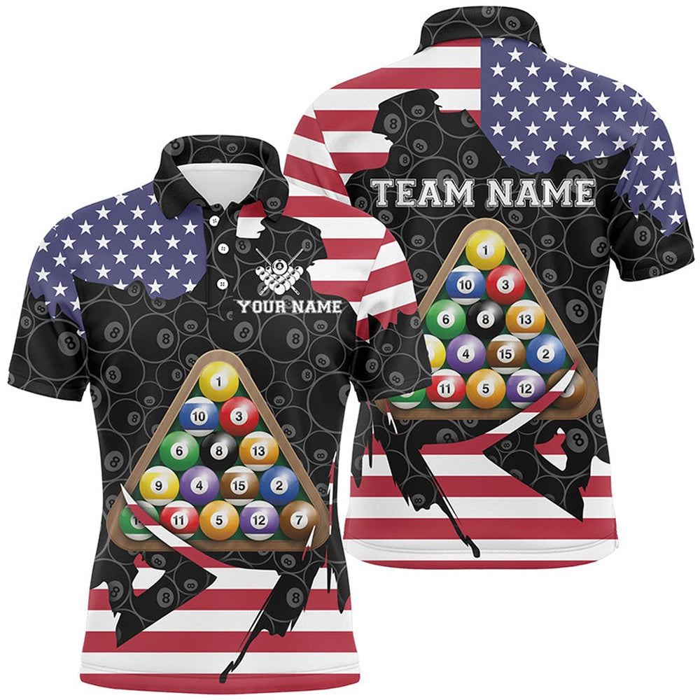 Billiard Polo Shirts, Personalized US Flag Billiard Balls Polo Shirts, Custom 8 Ball Pattern Billiard Jerseys, Billiards Team Shirts