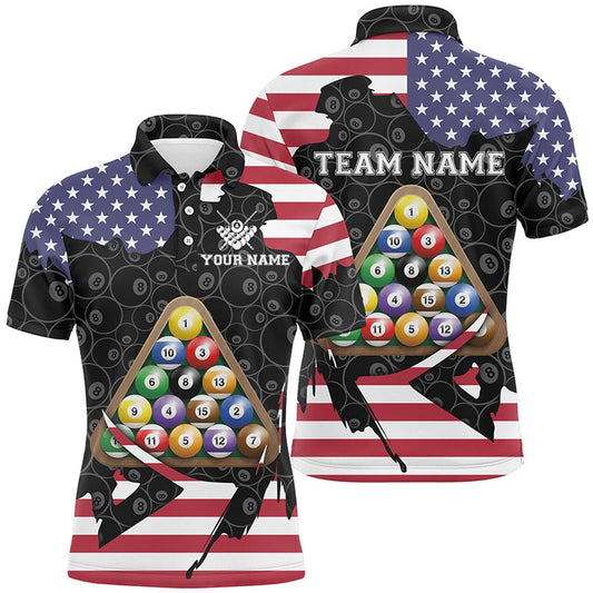 Billiard Polo Shirts, Personalized US Flag Billiard Balls Polo Shirts, Custom 8 Ball Pattern Billiard Jerseys, Billiards Team Shirts
