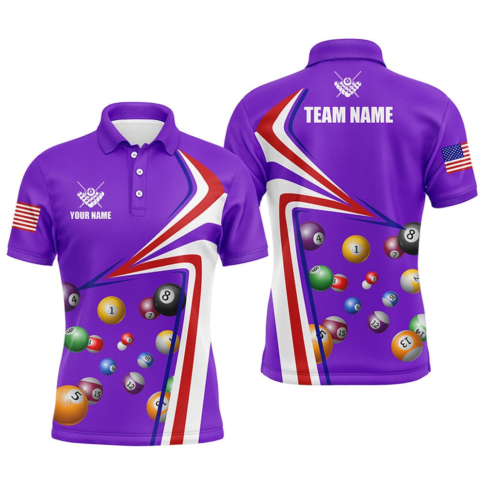 Billiard Polo Shirts, Personalized US Flag Billiard Balls Purple 3D Polo Shirts, Custom 8 Ball Pool Jerseys, Billiards Team Shirts