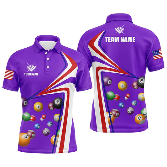 Billiard Polo Shirts, Personalized US Flag Billiard Balls Purple 3D Polo Shirts, Custom 8 Ball Pool Jerseys, Billiards Team Shirts