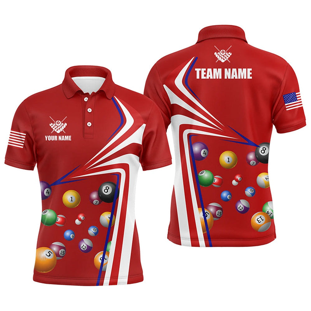 Billiard Polo Shirts, Personalized US Flag Billiard Balls Red 3D Polo Shirts, Custom 8 Ball Pool Jerseys, Billiards Team Shirts