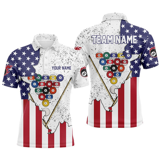 Billiard Polo Shirts, Personalized US Flag Billiard Pool Balls White Grunge Polo Shirts, Billiard 3D Jerseys, Billiards Team Shirts