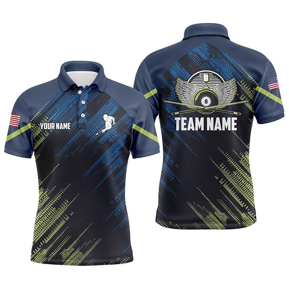 Billiard Polo Shirts, Personalized US Flag Billiards Green Blue Polo Shirts, 3D Funny Billiards Teams Jerseys, Billiards Team Shirts