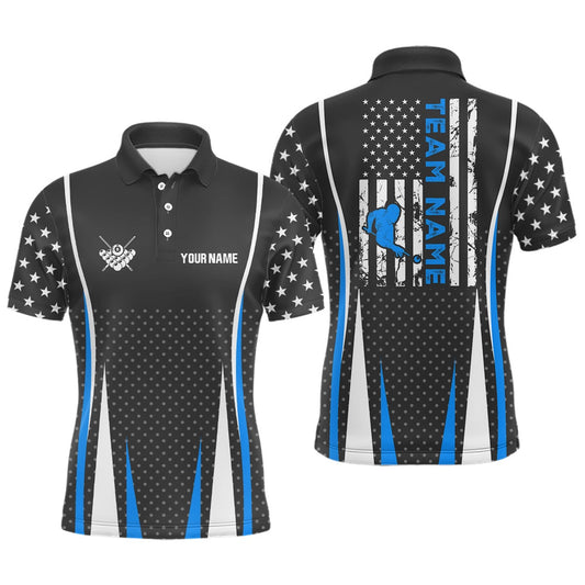 Billiard Polo Shirts, Personalized US Flag Pattern Blue Billiard Polo Shirts, Player Billiards Team Jerseys, Billiards Team Shirts