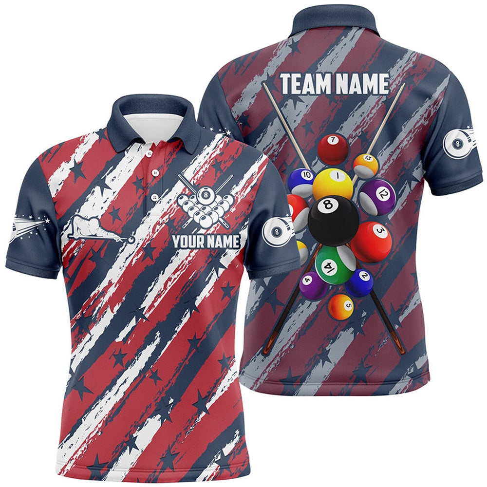Billiard Polo Shirts, Personalized US Flag Pattern Stars Filled Billiard 3D Polo Shirts, 8 Ball Billiards Jerseys, Billiards Team Shirts