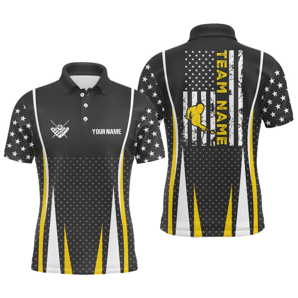 Billiard Polo Shirts, Personalized US Flag Pattern Yellow Billiard Polo Shirts, Player Billiards Team Jerseys, Billiards Team Shirts