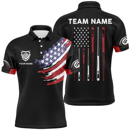 Billiard Polo Shirts, Personalized US Flag Sticks Billiard 3D Polo Shirts, Custom 8 Ball Pool Billiard Jerseys, Billiards Team Shirts