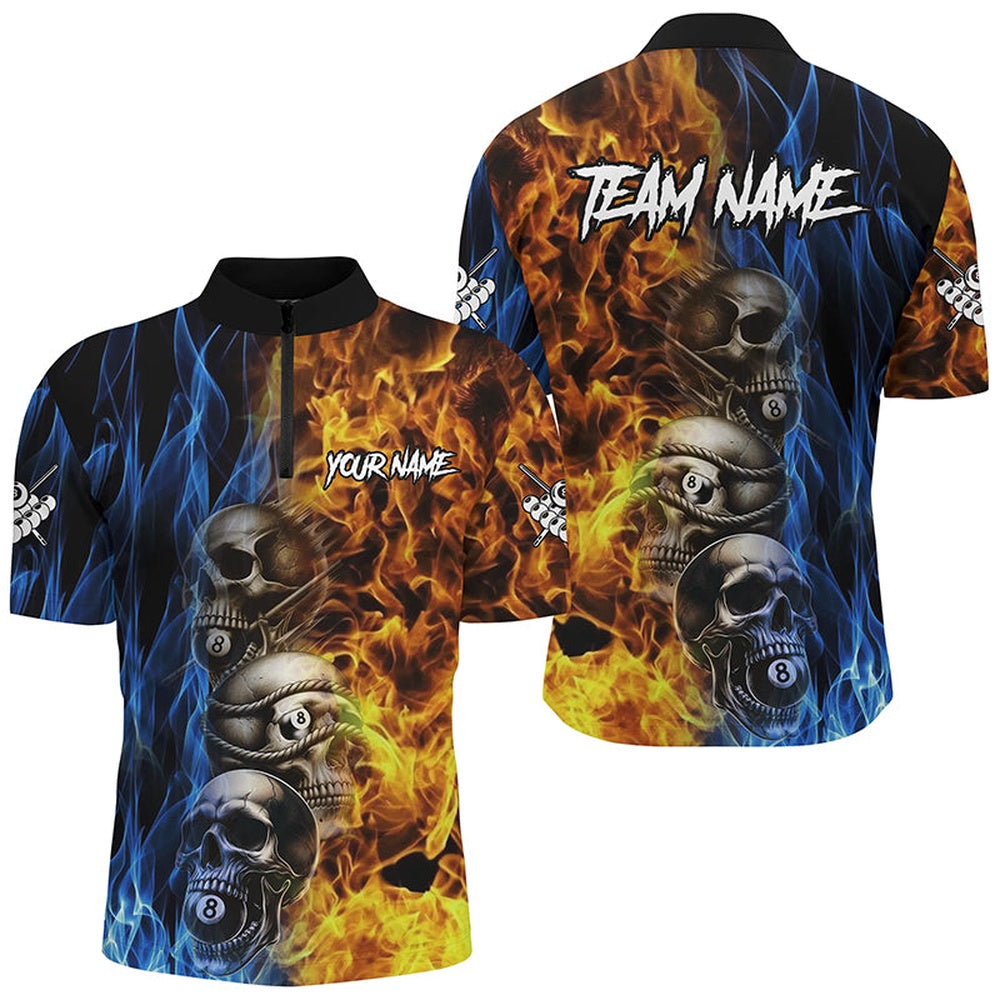 Billiard Polo Shirts, Personalized Unique Skull Fire Water 3D Billiard Shirts, Billiard Jersey Apparel For Team, Billiards Team Shirts