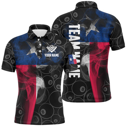 Billiard Polo Shirts, Personalized Vintage Smoke Texas Flag Billiard Polo Shirts, Custom 8 Ball Pool Team Jerseys, Billiards Team Shirts
