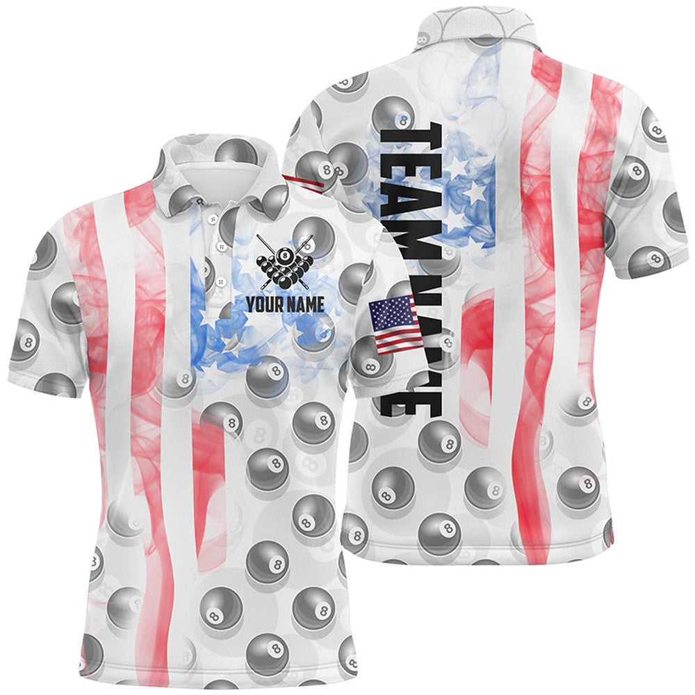 Billiard Polo Shirts, Personalized Vintage Smoke White US Flag Billiard Polo Shirts, 8 Ball Pool Team Jerseys, Billiards Team Shirts