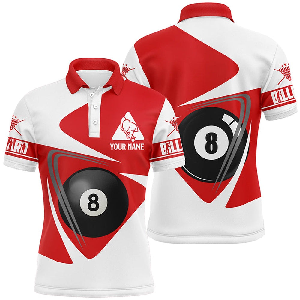 Billiard Polo Shirts, Personalized White And Red 8 Ball Billiards Polo Shirts, Custom Player Billiards Shirts, Billiards Team Shirts