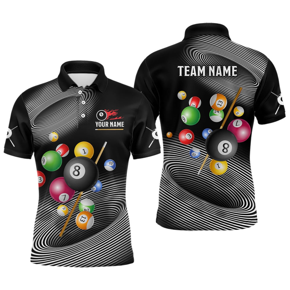 Billiard Polo Shirts, Personalized White Black Billiard Ballls 3D Polo Shirts, Custom 8 Ball Pool Team Shirts, Billiards Team Shirts