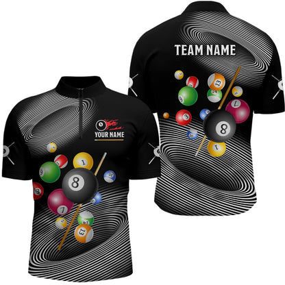 Billiard Polo Shirts, Personalized White Black Billiard Ballls 3D Polo Shirts, Custom 8 Ball Pool Team Shirts, Billiards Team Shirts