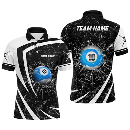 Billiard Polo Shirts, Personalized White Black Glass Break 10 Ball Pool 3D Polo Shirts Billiards 10 Ball Shirts, Billiards Team Shirts
