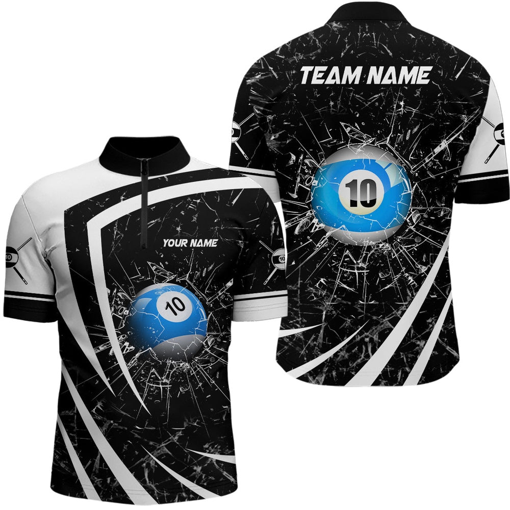 Billiard Polo Shirts, Personalized White Black Glass Break 10 Ball Pool 3D Polo Shirts Billiards 10 Ball Shirts, Billiards Team Shirts