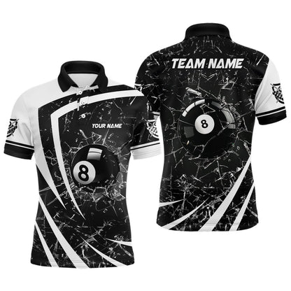 Billiard Polo Shirts, Personalized White Black Glass Break 8 Ball Billiard 3D Polo Shirts 8 Ball Pool Jerseys, Billiards Team Shirts