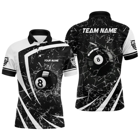 Billiard Polo Shirts, Personalized White Black Glass Break 8 Ball Billiard 3D Polo Shirts 8 Ball Pool Jerseys, Billiards Team Shirts