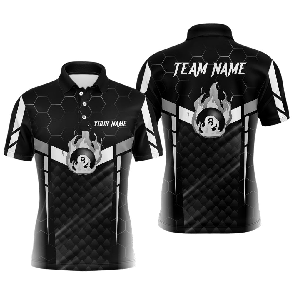 Billiard Polo Shirts, Personalized White Fire 8 Ball Billiard 3D Polo Shirts, Custom 8 Ball Pool Team Jerseys, Billiards Team Shirts